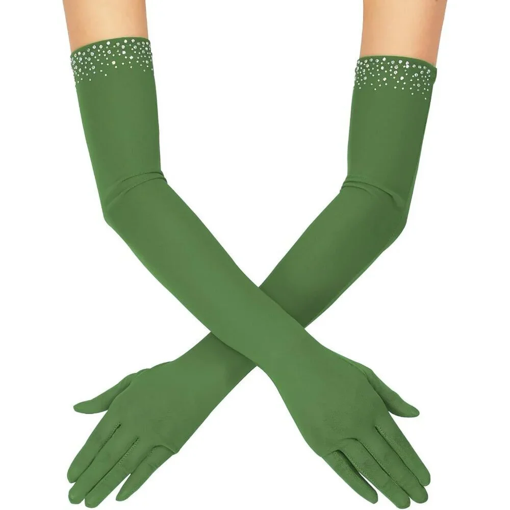 Women's Sexy Pearl Beaded Dark Green Long Gloves Tulle Mesh Wedding Party Prom